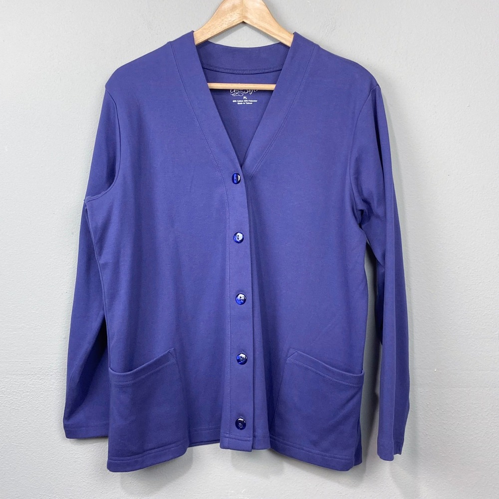 Vintage UltraSofts Knit Cardigan Women L Petite Purple Button Front Patch Pocket